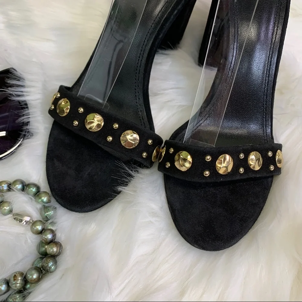 MAJE Quiet Luxury Black Suede Ankle Strap Embellished Sandals, 9